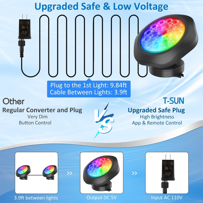 T-SUN Colored Pond Lights Bright LED Underwater Light with APP