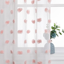 MYSKY HOME Pink Pom Pom Curtains for Living Room Nursery White Sheer Curtains for Girls Bedroom 63 Inch Length Long Window Curtains for Kids Room 2 Pieces Rod Pocket Farmhouse Window Drapes 37" x 63"