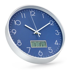 BAKBRAND Wall Clock with LCD Display Non-Ticking Silent Quartz Movement Decor Clock with Perpetual Calendar and Temperature Modern Style Round Wall Clocks for Office/Living Room/Bedroom (Blue, 12inch)