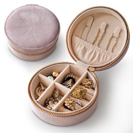 Boutique De Luxe Jewelry Organizerers, Round Plush Velvet Travel Jewelry Organizer, Jewelry Box For Women (Dusty Rose)
