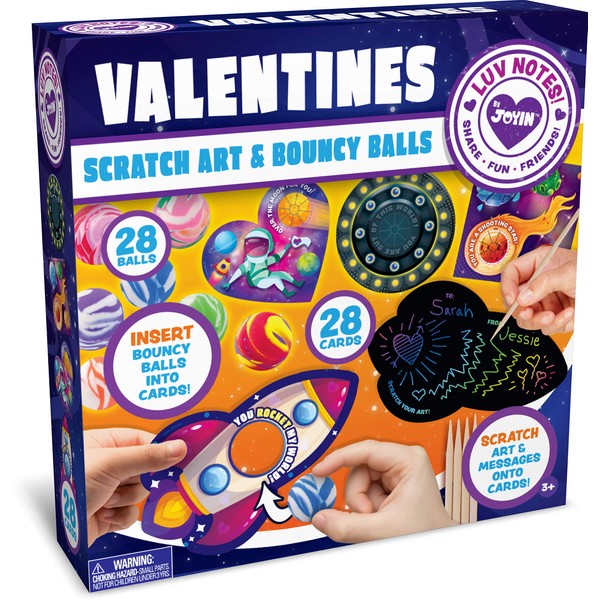 JOYIN 28 Packs Valentines Day Gifts Cards for Kids with Scratch Magic Cards and Marble Bouncing Balls, Valentine's Greeting Cards Valentine Classroom Exchange Party Favor Toy