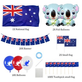 Australian Party Decorations Banner Balloons - 143pcs Blue Australia Party Supplies Set with Cupcake Topper, Australian Bunting Backdrop and Flag for Leaving Decoration