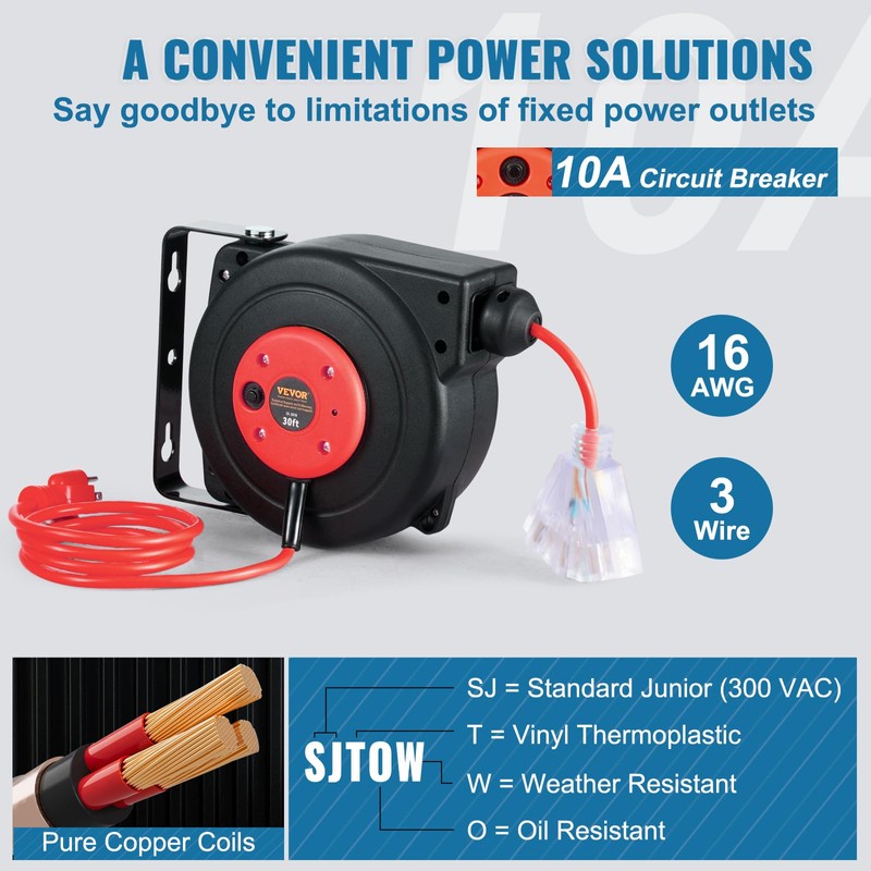 VEVOR Retractable Extension Cord Reel, 30 FT, Heavy Duty 16AWG/3C