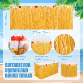 Tatuo 4 Set Luau Grass Table Skirt with 53.94 x 72 Inch Plastic Tablecloths and Green Tropical Leaves 9ft Hawaiian Hibiscus Table Skirt for Tiki Luau Tabletop Decoration, Birthday Party