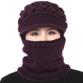 Womens Winter Warm Elastic Soft Ear Protection Knitted Scarf Mask hat Fleece Lined Beanie Hat one-Piece hat, Hat1-purple, One Size-Medium