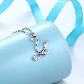 Besilver Capital Cursive Initial Letter Y Necklace Charm 925 Sterling Silver Alphabet Pendant Women Men Unisex Monogram Name Bridesmaid Birthday Gift FP0024Y