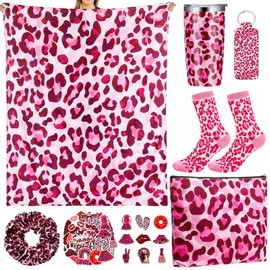 Bokon Leopard Print Stuff for Girls Leopard Themed Set Include 51" x 60" Plush Blankets 20 oz Leopard Tumbler Socks Cosmetic Bag Lipstick Holder Scrunchies Leopard Sticker for Leopard Lover (Pink)