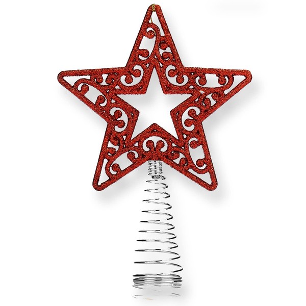 AKH® Red Christmas Tree Topper Star | 19cm Size | Glitter Xmas Trees Top Decoration | Glittered Metal Christmas Tree Topper | Christmas Tree Top Star |For Christmas Decoration |Xmas Treetop Ornaments