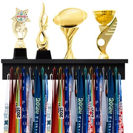 Threehoney Wooden Medal Hanger Display Trophy Holder Shelf with 25/37/49/65/83 Hooks Wall Mount Ribbon Holder Gift for Gymnastics Running Soccer Awards(2ft/24inch,Black Shelf Golden Hooks)