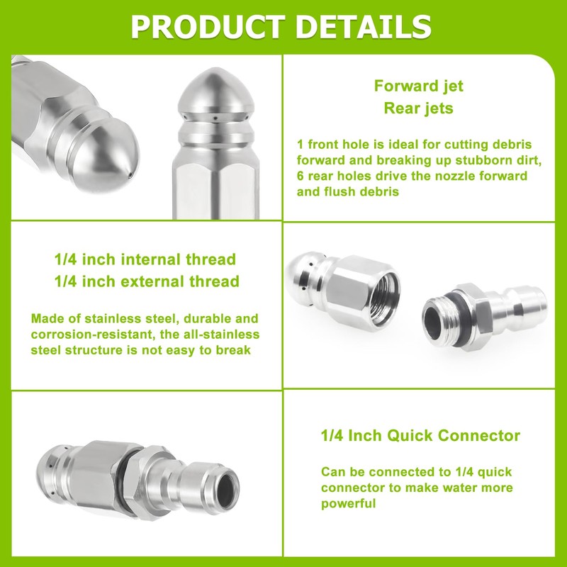 EPLZON 5000 PSI Stainless Steel Sewer Jetter Nozzle with 1/4in