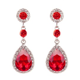 Rhinestone Teardrop Earrings Vintage Elegant Layered Waterdrop Sparkly Sapphire Crystal Cubic Zirconia Silver Plated Dangle Drop Earring for Women Wedding Bridal Prom Party Fashion Jewelry Gifts (Red)