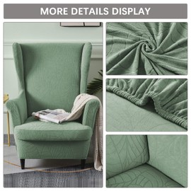 Waterproof Wingback Chair Cover, Stretch Jacquard Wing Chair Slipcovers 2 Piece, Wingback Armchair Sofa Slipcover Super Soft Fabric Furniture Protector with Elastic Bottom for Living Room Bedroom