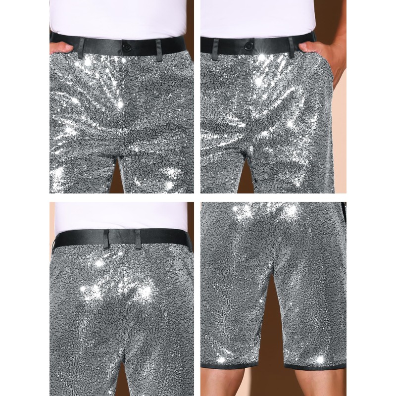 Lars Amadeus Sparkly Silver Sequin Shorts for Men's Straight Leg
