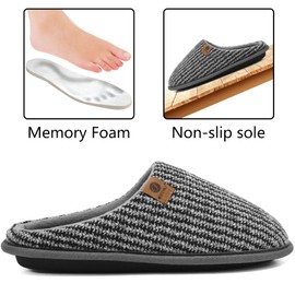 ONCAI Mens Slippers Grey Knit Stripes Memory Foam Mule Slippers Slip On Warm House Indoor/Outdoor Shoes With Anti-skid Sole Size 10