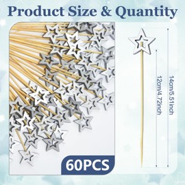SHENSAIGO Pack of 60 Star Cocktail Sticks, 12 cm Finger Food Skewers Christmas, Silver Stars Wooden Skewers, Cocktail Accessories, Toothpicks, Wood, Party Skewers, Cocktail Decoration for Bar, Party,
