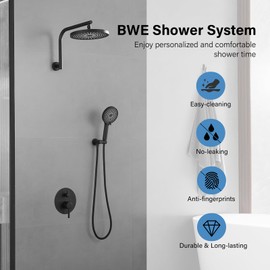 BWE Matte Black Shower System Wall Mounted Shower Faucet Set with 10 inch Rain Shower Head and 3-Setting Shower Handheld Spray Bathroom Shower Fixtures with Shower Valve and Trim Kit