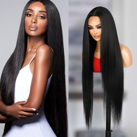 STUDIOCUT BY PROS 36 Inch Bone Straight Super Long length Wig Lace Front Wigs Middle Center Part Wig for Black Women Realistic Hairline Heat Resistant Synthetic Wig DPL002 (36 Inch, 1-Jet Black)