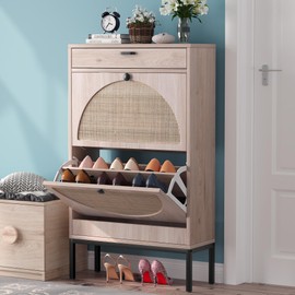 Brafab Shoe Storage Cabinet with 2 Flip Drawers&1 Small Drawer, Slim Entryway Shoe Organizer with Half Round Woven Rattan Doors for Sneakers…