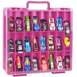 Double Sided Toy Storage Organizer Case for Hot Wheels Car, for Matchbox Cars, for Mini Toys, for Small Dolls. Carrying Box Container Carrier with 48 Compartments - Purple (Box Only)