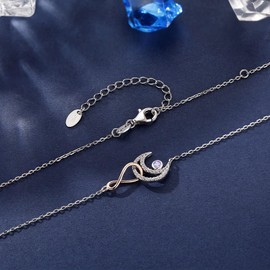 Qings Pearl June Birthstone Necklace Sterling Silver Rose Gold Sideways Figure 8 Shiny Moon Sky Pendant Moonstone Round Cut Gem 18” Adjustable Chain Dainty Jewelry Gift