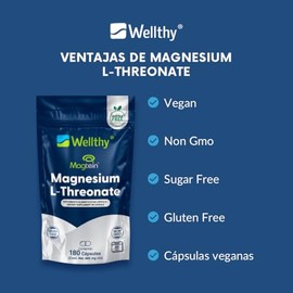 Wellthy L Treonato de Magnesio 180 Cápsulas. Hecho solamente con Magtein® el único Treonato Magnesio Real (dueños de la patente). Gluten Free, NON GMO