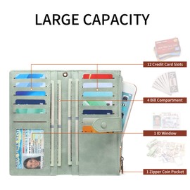 SENDEFN Slim Leather Womens Wallet RFID Blocking Credit Card Holder bifold Ladies Wristlet Purse with Zipper Pocket