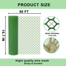 vensovo Green Plastic Wire Mesh Fence 15.7IN x 50FT Roll - Chicken Wire Fencing for Poultry, Gardening Barrier, Balcony Guard for Cats and Dogs, Floral Craft Mesh with 100 Zip Ties
