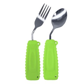 Ehucon Adaptive Weighted Silver Tableware Angle Spoon and Fork Set for Hand Tremors Parkinson's Independent Food (Left Hand, Green, Pack of 2 Count)
