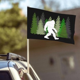 Sasquatch Bigfoot Trees Forest Car Flags, 18x12 Inch Window Clip Flag, Polyester Uv Protection Vivid Color And Fade, Double Sided Flag For Car