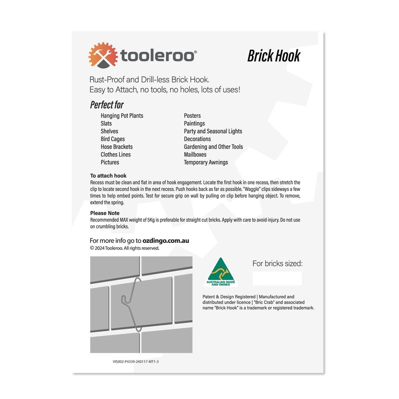 10 Pack 76mm (3") Brick Wall Hooks - Clips Hangers