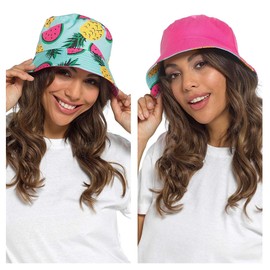 Thingimijigs Ladies Reversible Bucket Hat Festival Summer Sun Hat - Pink/Fruit Print S/M