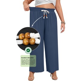 Lastshe Plus Size Pants for Curvy Women High Waist Wide Leg Dressy Trousers Casual Palazzo Boho Maternity Loose Flowy Linen Pants,Denim Blue,4X