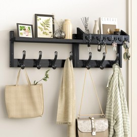 Evermagin 29" Coat Rack Wall Mount with Shelf, 4 in 1 Coat and Key Hanger with 11 Metal Hooks, Entryway Wall Mounted Shelf with Mail Holder for Living Room, Bedroom, Black