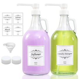 2 Pcs Glass Liquid Laundry Detergent Dispenser with Pump (Upgraded), 64 oz Dispenser for Laundry Room, Half Gallon Glass Jugs with Airtight Lid