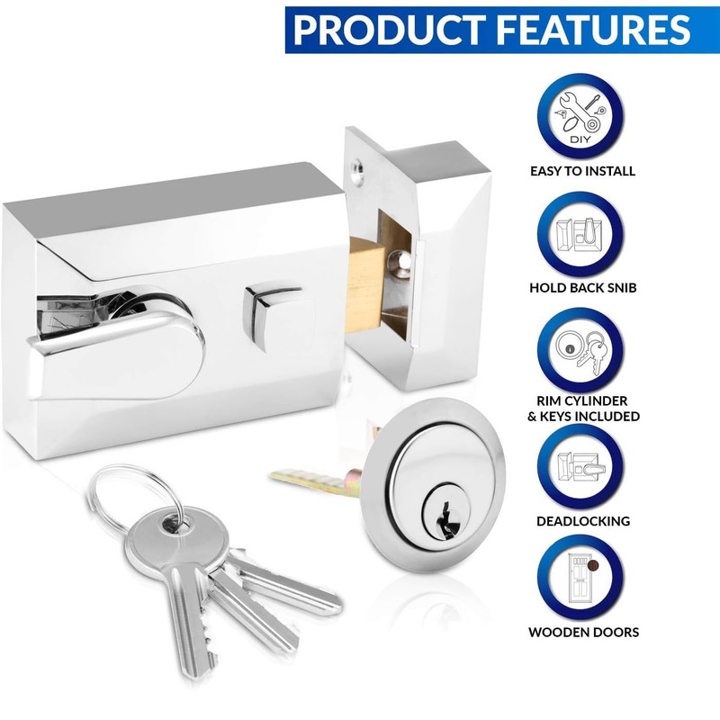 Standard Deadlocking Night Latch 60mm, Complete with Rim Cylinder and