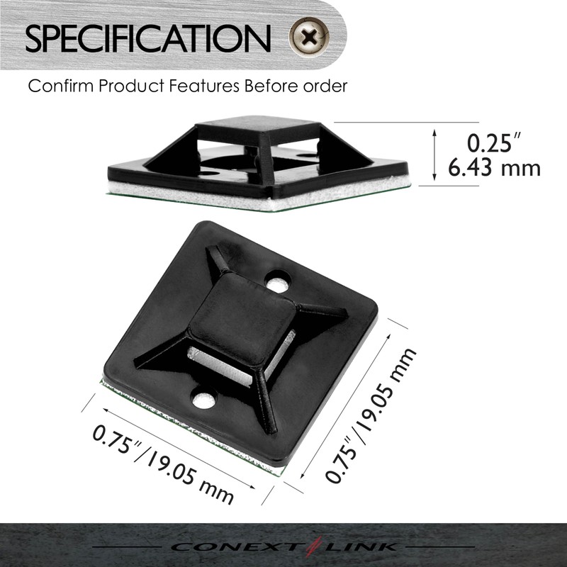 Conext Link 100 Pack Black Self Adhesive Cable Tie Zip