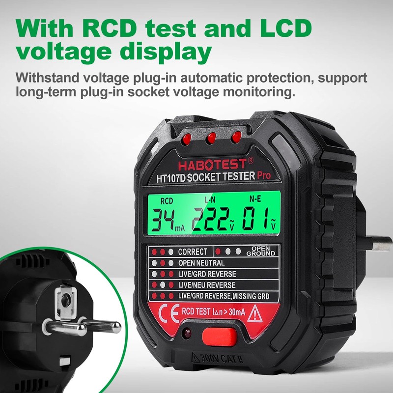 VOBOR Steckdosentester mit RCD-Prüfung und LCD-Voltage-Display, 6 Arten von Fehlerdiagnose,