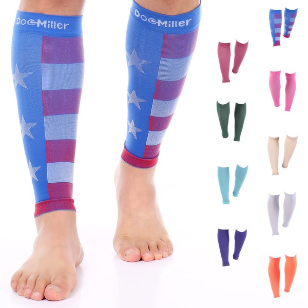 Doc Miller Premium Calf Compression Sleeve 1 Pair 20-30mmHg Strong Calf Support Graduated Pressure for Sports Running Muscle Recovery Shin Splints Varicose Veins (Flag, Large)