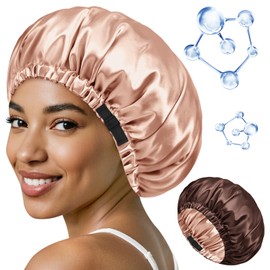 BONNET QUEEN Silk Bonnet for Sleeping Hyaluronic Acid Satin Bonnet, Double Layer Hair Wrap for Curly Hair Women Sleep Cap with Adjustable Elastic Buckle, Champagne+Brown
