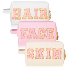 3 Pcs Preppy Clear Makeup Bags Chenille Letter Patch Pouch with Zipper Waterproof Cosmetic Toiletry Bag Transparent Toiletry Bags for Women Girls Gift Bathroom Travel, Vacation (Multicolor)