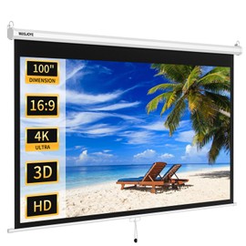 WASJOYE 100'' Manual Pull Down Projector Screen - 4K HD Retractable Projection Screen with Auto Locking - 16:9 Projector Screen Anti-Crease for Home Theater Cinema Office Education Presentation