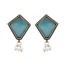 Efulgenz Indian Earrings for Women Antique Bohemian Oxidized Hexagon Geometrical Pattern Stud Earrings Blue Crystal Faux Pearl Drop Earrings Set Indian Oxidized Jewelry Stud Earrings Boho Statement Earrings Jewelry for Women