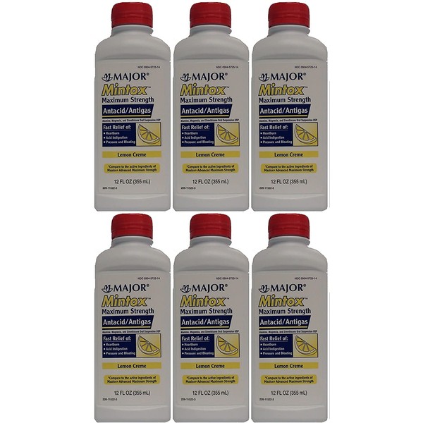 Mintox Maximum Strength Antacid Anti-Gas Liquid Generic for Maalox Max Lemon Flavor 12 oz Per Bottle 6PACK