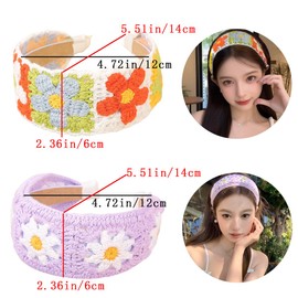 2 PCS Crochet Bandanas Headbands Cute Flowers Hairbands Yellow Floral Knitted Headscarf Purple Daisy Head Scarf Stylish Non Slip Headwrap for Thin Thick Hair Curly for Women Girls Hair Accessories
