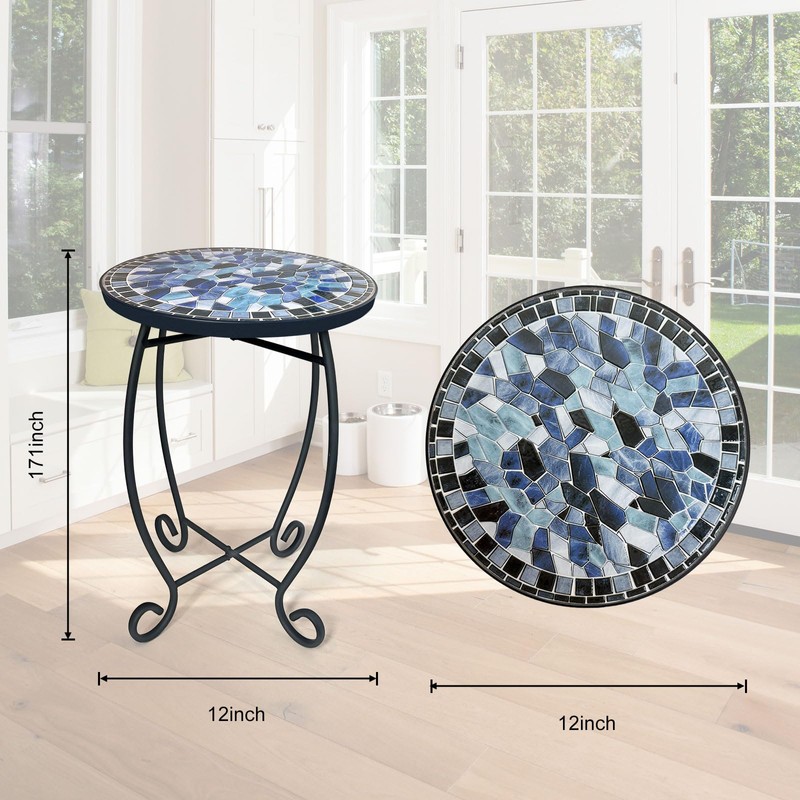 LIFFY Outdoor Side Table,12" Round Ceramic Tile Tabletop Accent Table