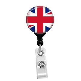 Britain British UK Union Jack Flag ID Card Name Tag Custom Badge Holder (Black Badge Reel with Spring Pinch Clip)