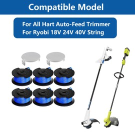 Weed Wacker Spools for Hart Auto-Feed String Trimmer, Weed Eater String Line for Ryobi 18V, 24V, 40V Replacement Part (6 Replacement Spools, 2 Trimmer Caps)