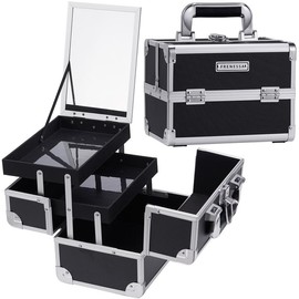 Joligrace Makeup Train Case Cosmetic Box 2 Trays Makeup Case Storage with Mirror Travel Makeup Box for Cosmetologist Aesthetic Supplies Nail Tech - Color: Black