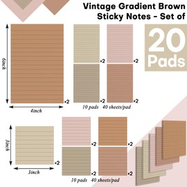 20 Pads Brown Color Sticky Notes with Lined Ruled Self Stick Notes Pads Boho Super Sticking Power Memo Pad Vintage Colors Post Note for Office School Meeting Home 40 Sheets/pad(4 x 6 Inch, 3 x 3 Inch)