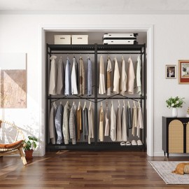 Homykic Bamboo Clothes Rack with Shelves and Double Hang Rods, Portable Closet System Garment Rack for Hanging Clothes, 34”W x 79”H Clothing Rack Organizer for Walk In Closet Corner Laundry, Black